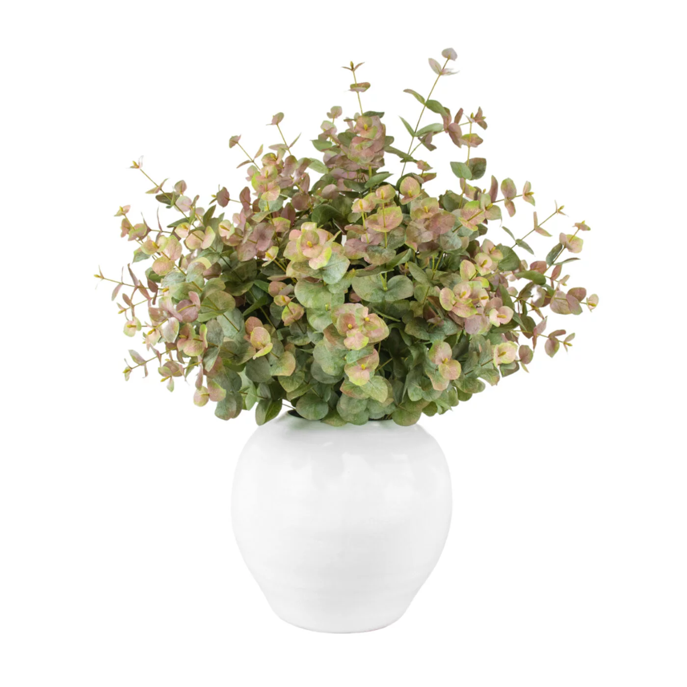 EUCALYPTUS SPRAY GREEN RED IN WHITE PLANTER