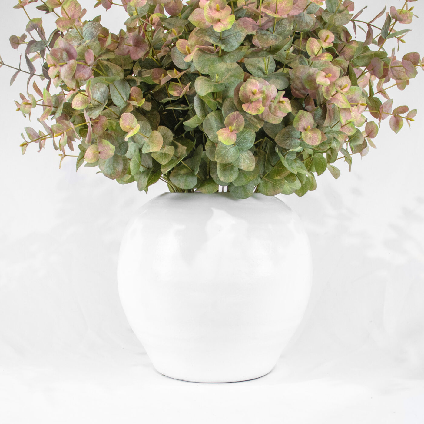 EUCALYPTUS SPRAY GREEN RED IN WHITE PLANTER