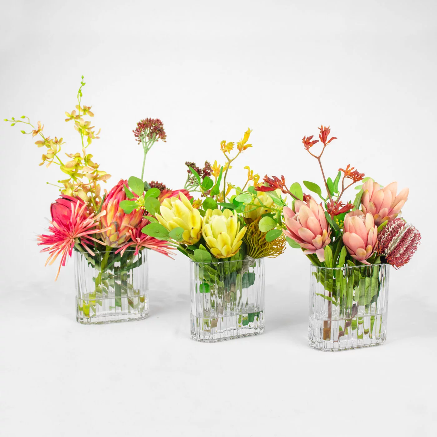PROTEA CORAL WITH FOILAGE IN SMALL RECT RIB VASE - Image 5