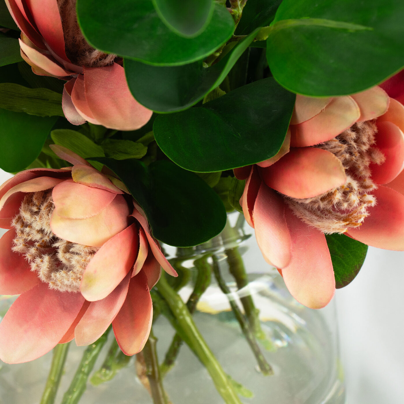 PROTEA MIX WITH FOLIAGE AND TWIG IN GLASS VASE