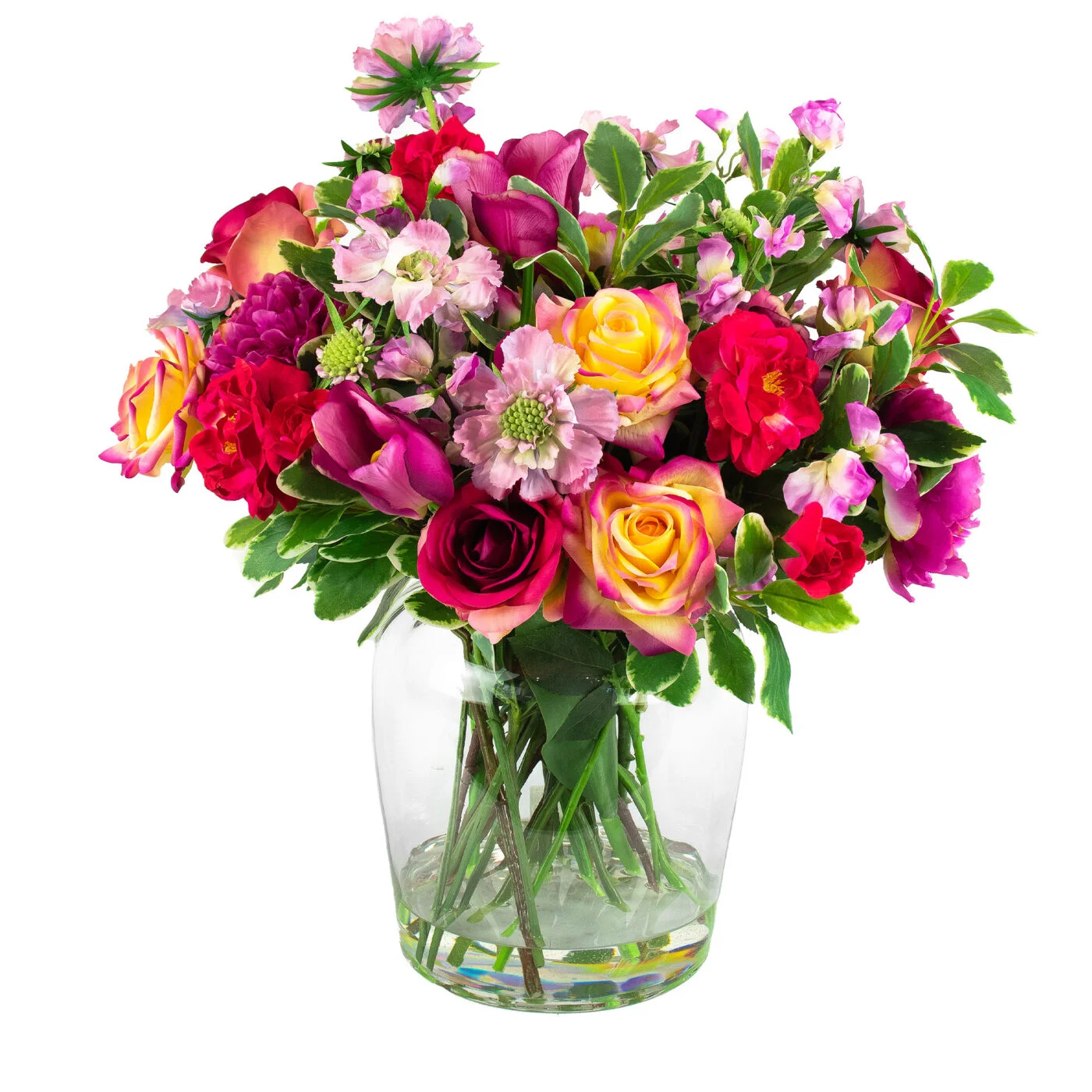 ROSES FUCHSIA AND PLUMS IN BARREL VASE
