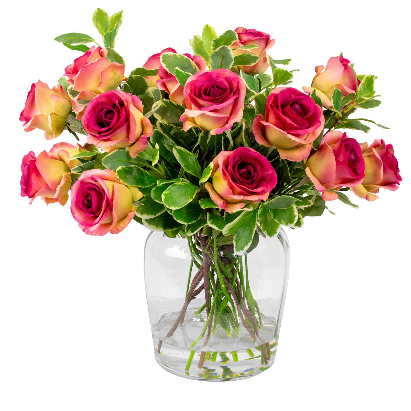 ROSES FUCHSIA WITH FOLIAGE IN BARREL VASE