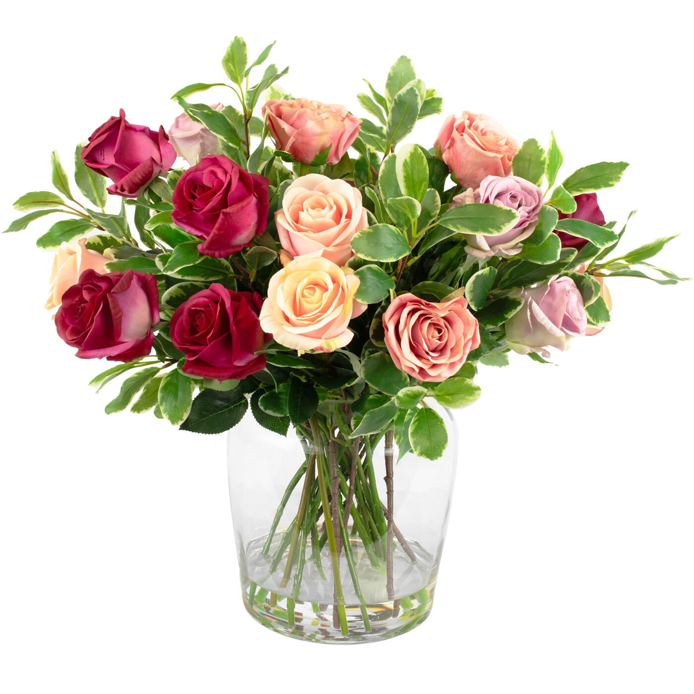 ROSES FUCHSIA WITH FOLIAGE IN BARREL VASE
