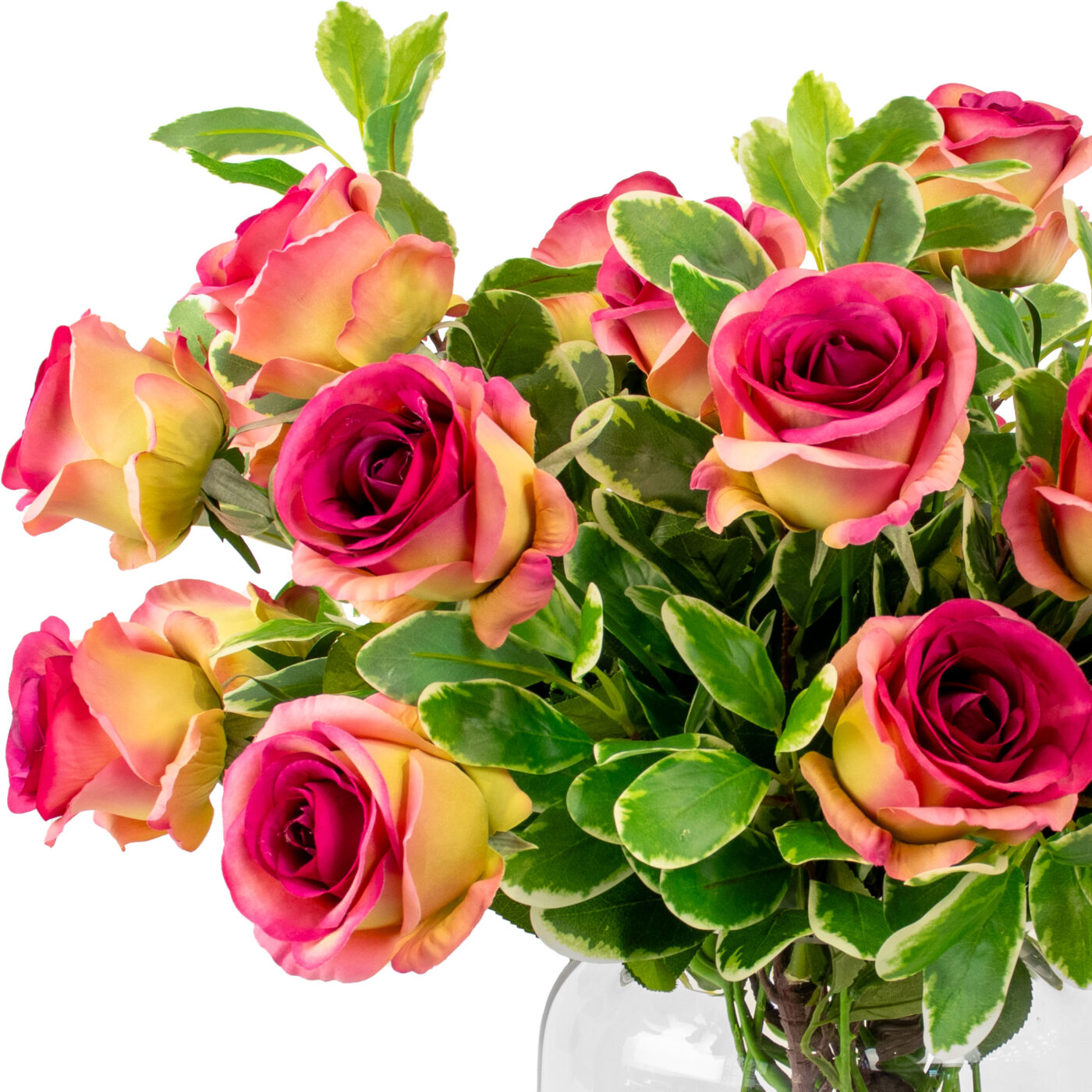 ROSES FUCHSIA WITH FOLIAGE IN BARREL VASE