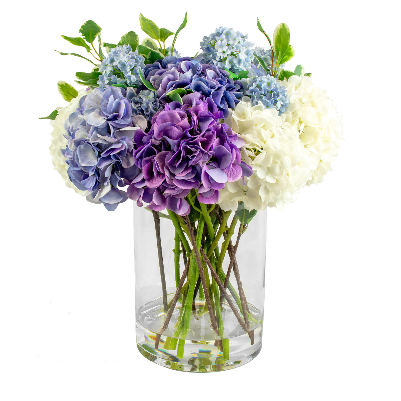 HYDRANGEA BLUE AND WHITE MIX IN LARGE CYLINDER VASE