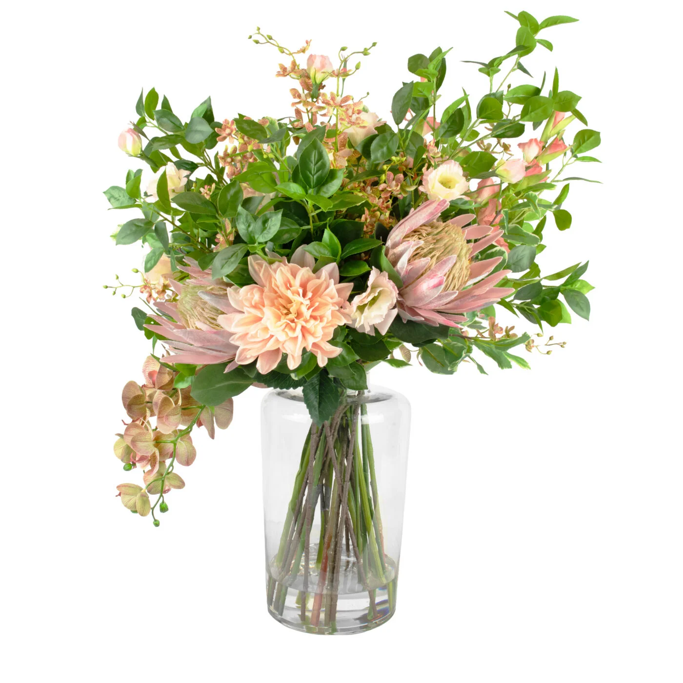 DELUXE BLUSH PINKS WITH FOLIAGE IN GLASS VASE