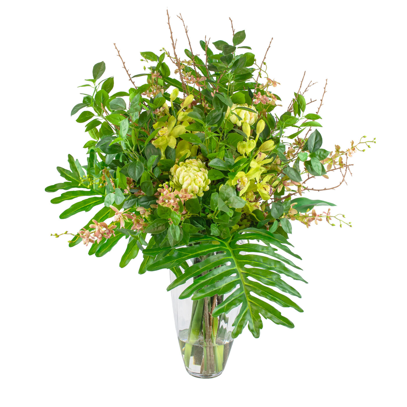 DELUXE LIME AND PINKS WITH FOLIAGE IN GLASS VASE