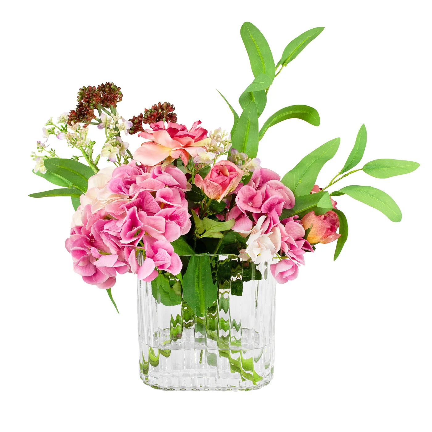 HYDRANGEA PINK WITH BERRY AND FOLIAGE IN RIBBED RECT VASE