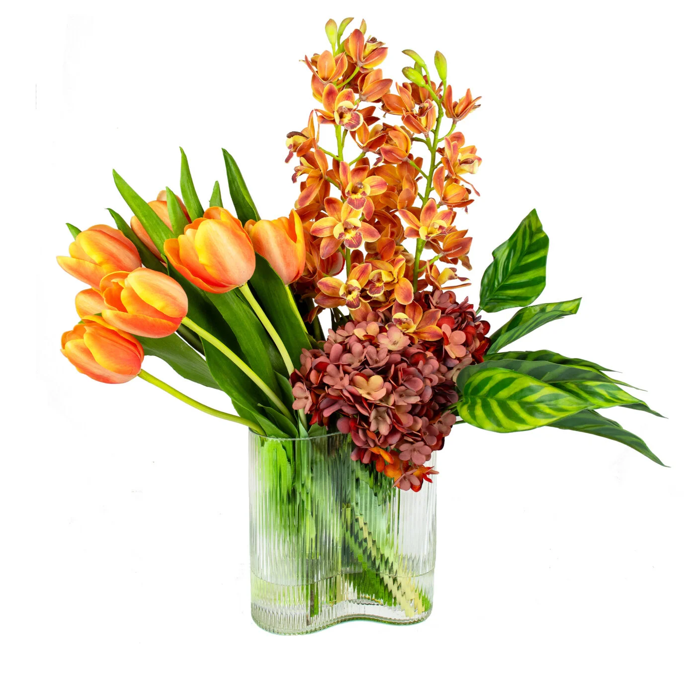 TULIPS ORANGE WITH CYMBIDIUM ORCHID AND FOLIAGE IN CURVE VASE