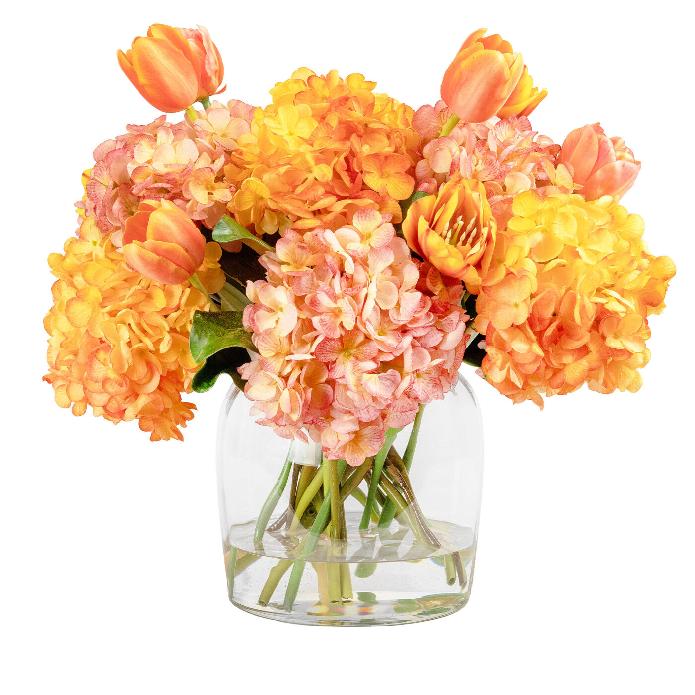 HYDRANGEA ORANGE AND PINK WITH TULIPS IN GLASS VASE