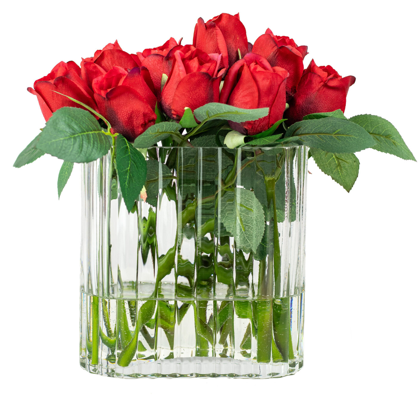 RED LISA BUD ROSE RT IN MEDIUM RIBBED RECT VASE
