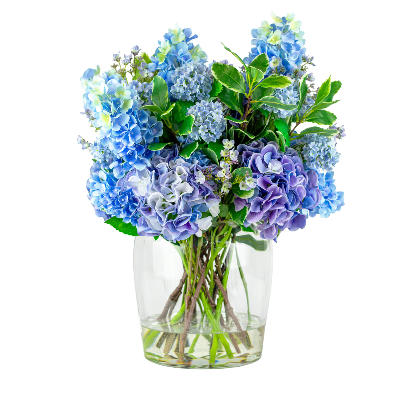 MIXED BLUE HYDRANGEAS IN BARREL VASE