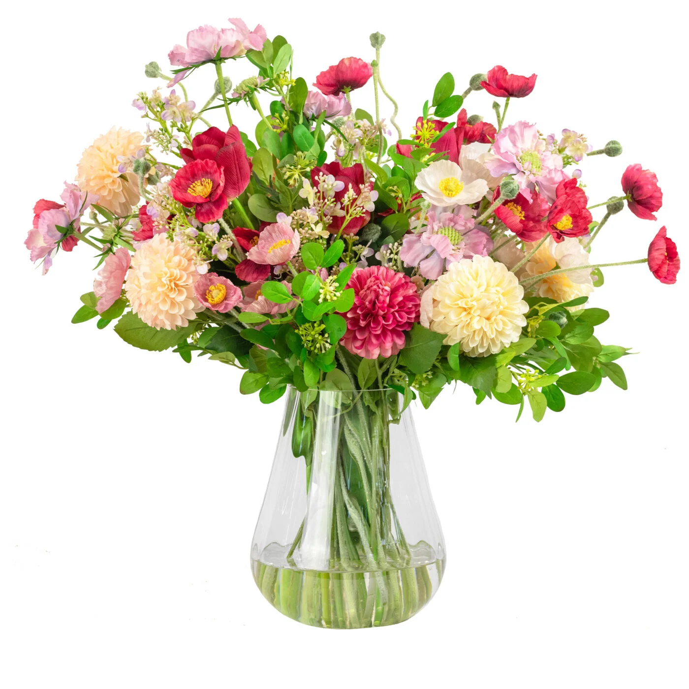 MIXED POPPIES TULIPS AND MUMS IN GLASS VASE