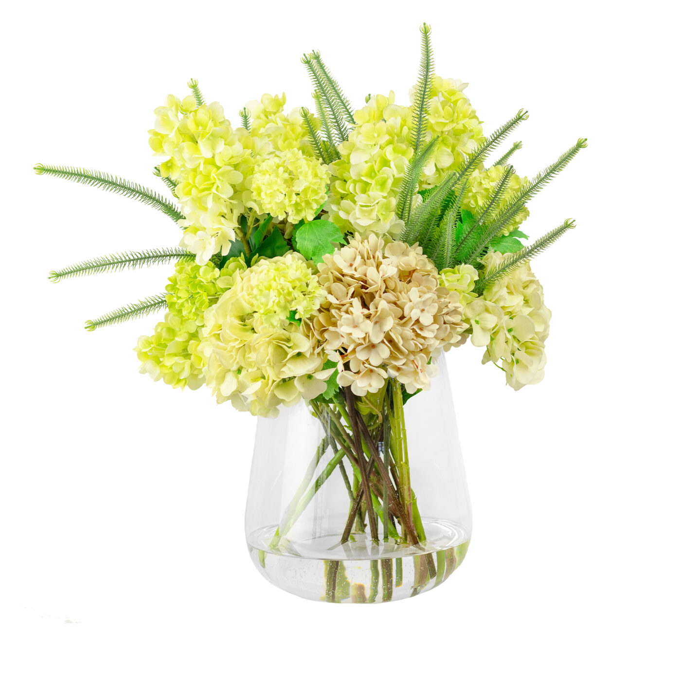 HYDRANGEA GREEN WHITE MIX IN GLASS VASE