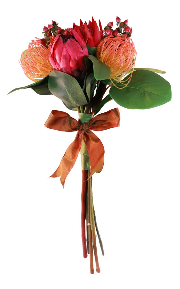 Red Protea, berries and pincushions bundle, with silk bow. 