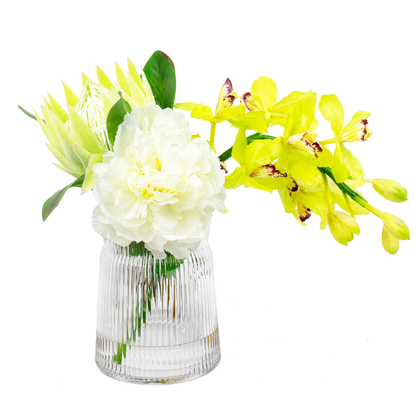 ORCHID PEONY AND PROTEA IN GLASS VASE