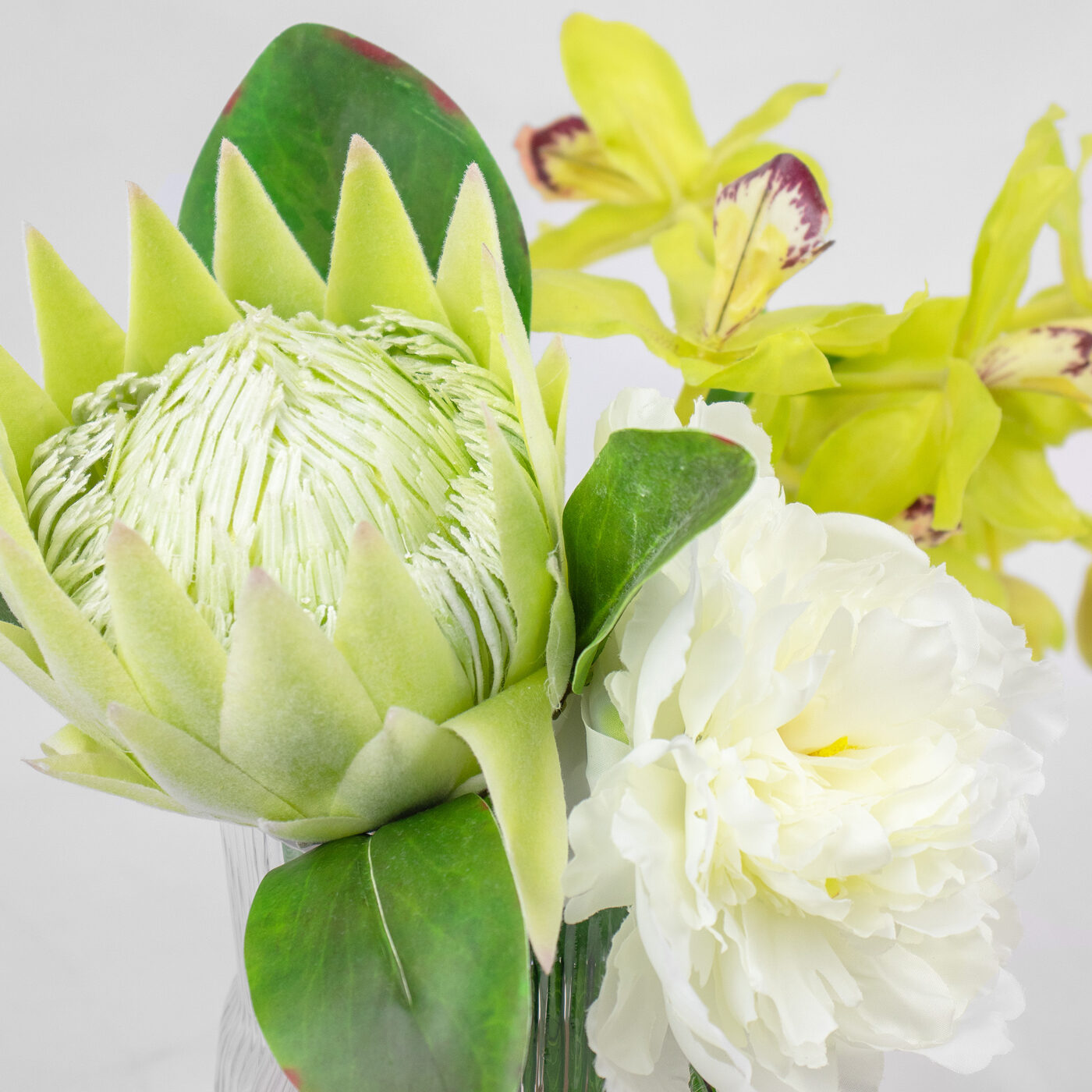 ORCHID PEONY AND PROTEA IN GLASS VASE