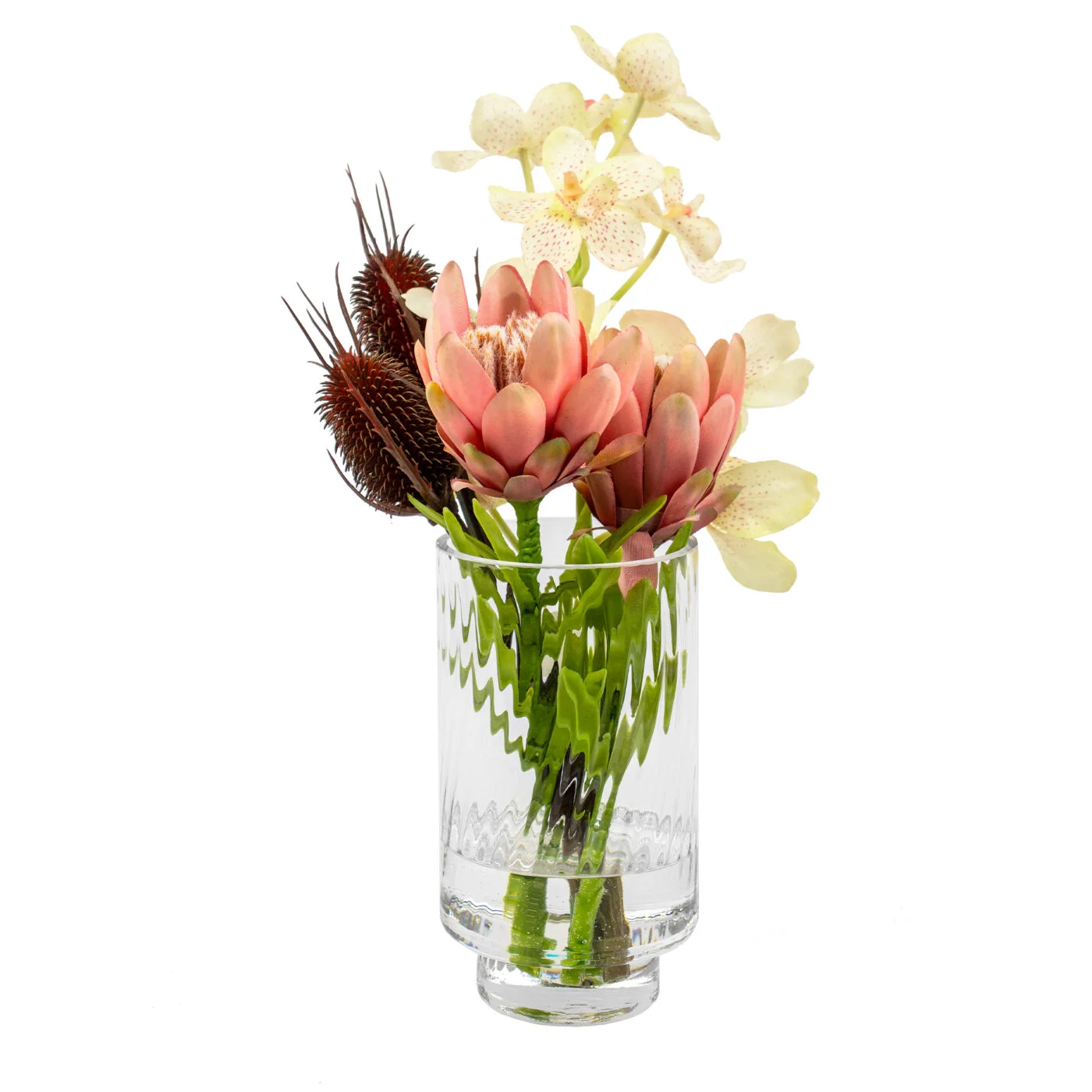 PROTEA CYMBIDIUM AND BANKSIA IN GLASS VASE