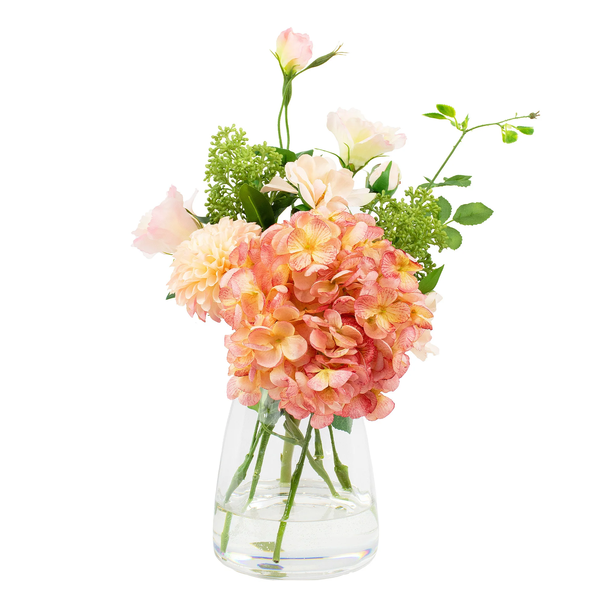 HYDRANGEA DRY LOOK PINK WITH POM POM IN GLASS VASE