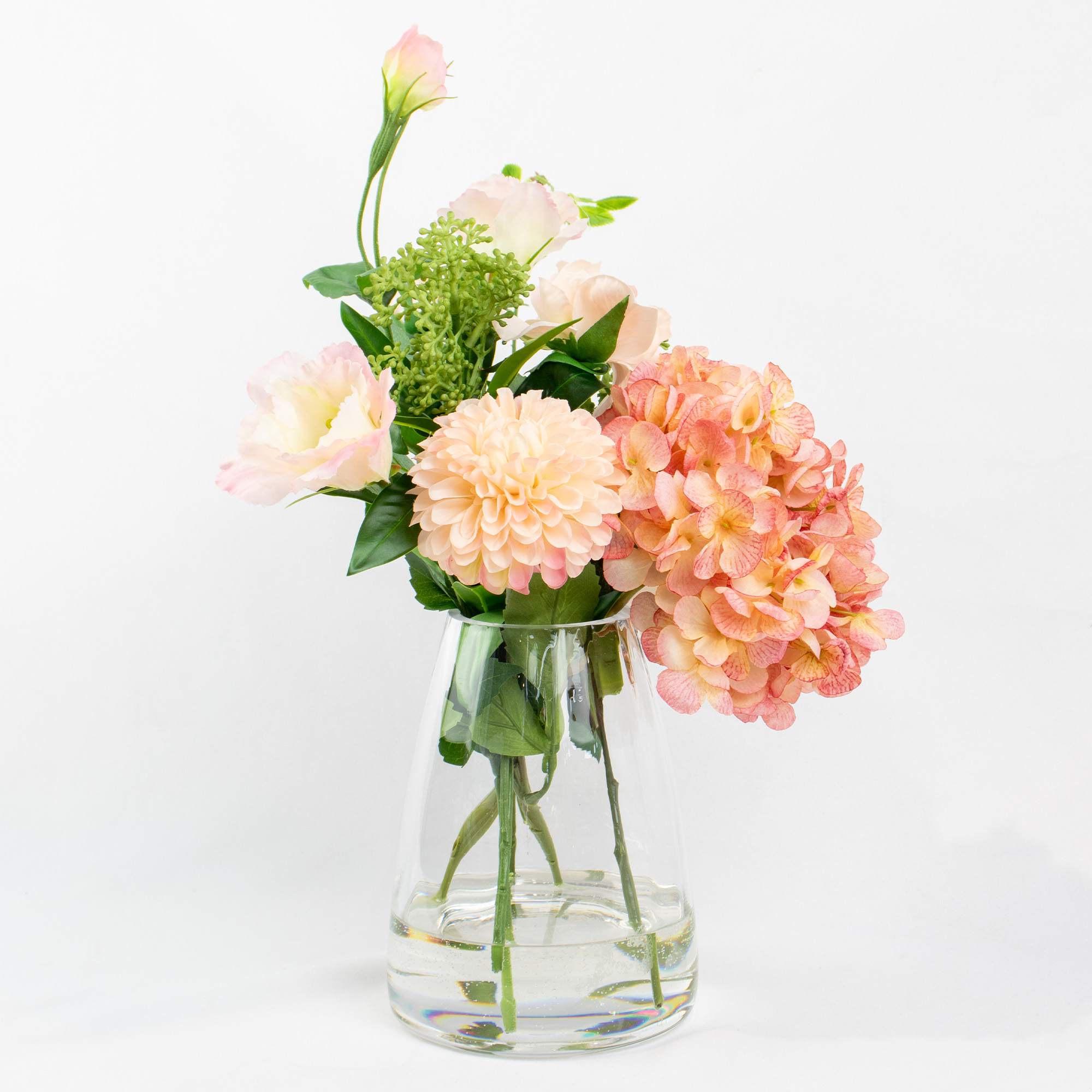 HYDRANGEA DRY LOOK PINK WITH POM POM IN GLASS VASE