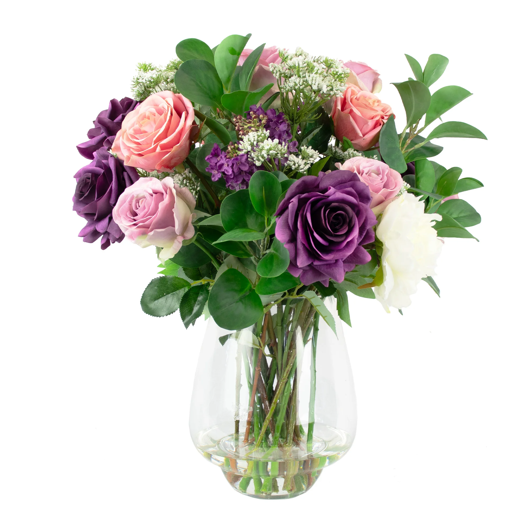 PURPLE, LAVENDER, REAL TOUCH ROSES WITH QUEEN ANNE LACE IN TULIP VASE