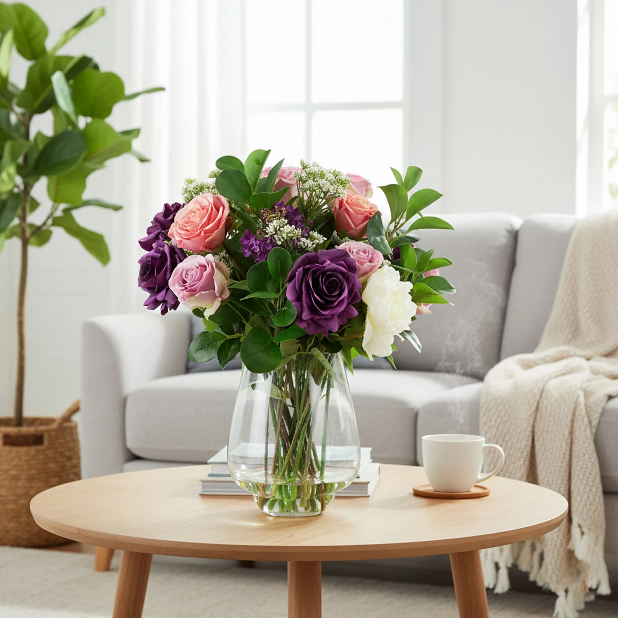 PURPLE, LAVENDER, REAL TOUCH ROSES WITH QUEEN ANNE LACE IN TULIP VASE