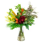BANKSIA AND HYDRANGEA WITH FOLIAGE IN GLASS VASE