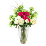 HYDRANGEA WITH ROSES AND TULIPS IN SWIRL VASE