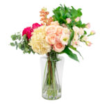 ROSE CYMBIDIUM AND HYDRANGEA IN JAR VASE