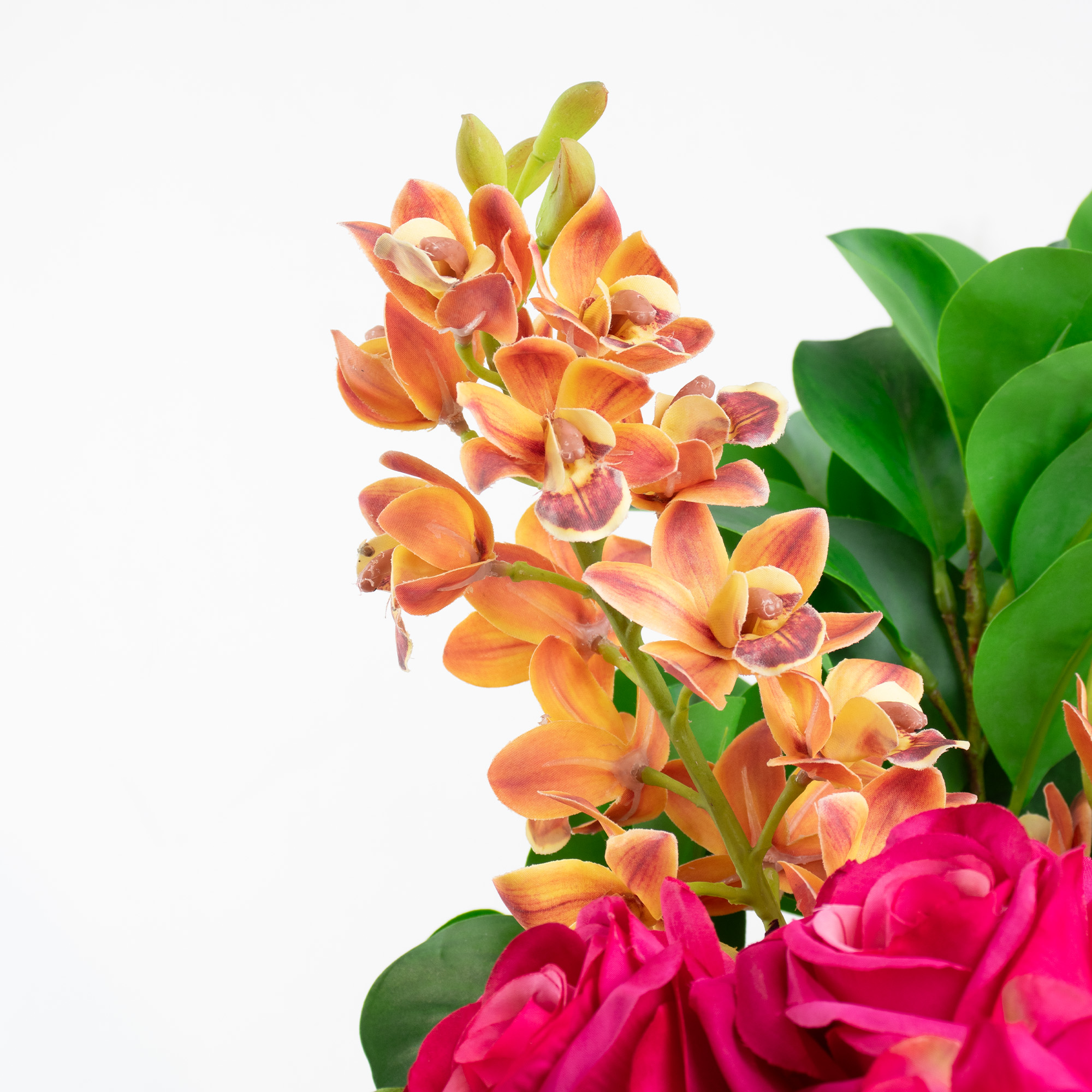 ROSE CYMBIDIUM AND HYDRANGEA IN JAR VASE