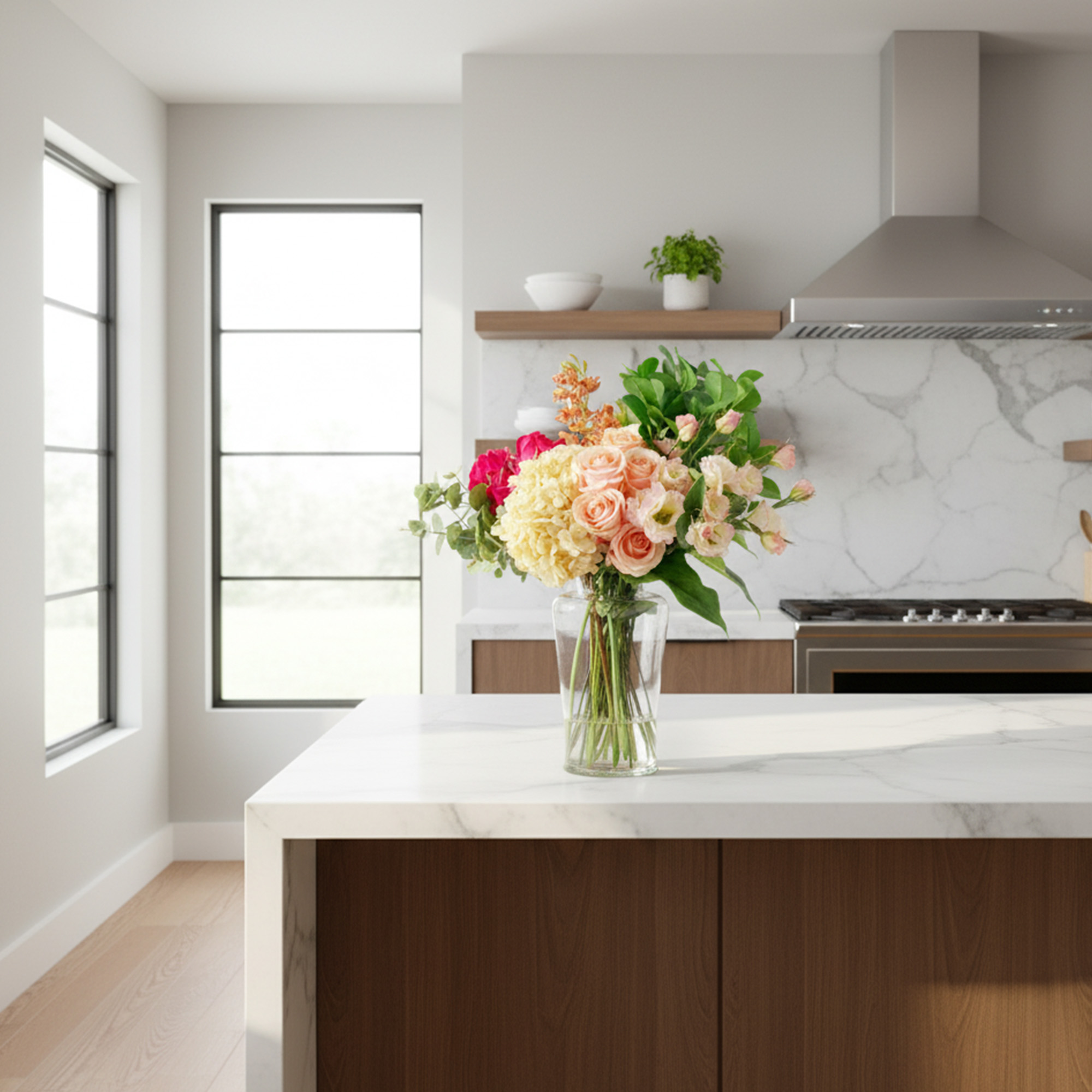 ROSE CYMBIDIUM AND HYDRANGEA IN JAR VASE
