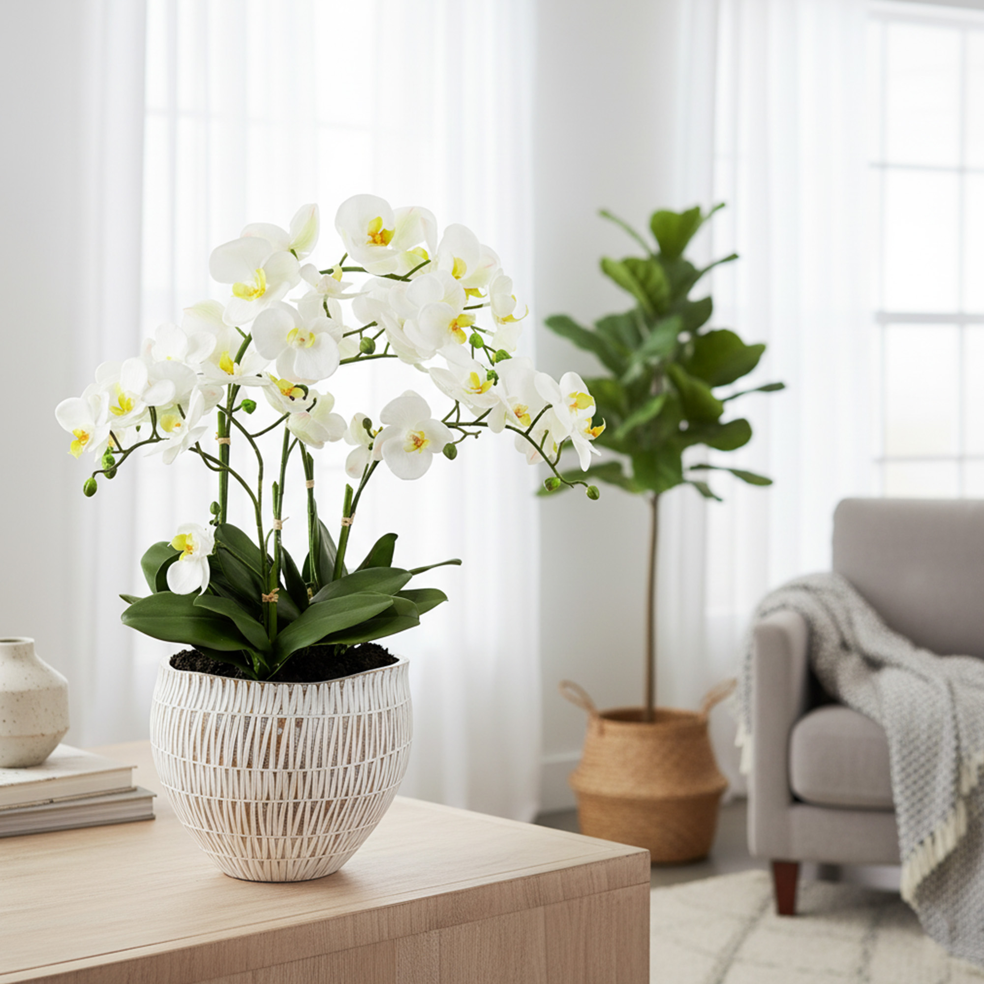 PHALAENOPSIS ORCHIDS WHITE IN GEO-STRIPE PLANTER
