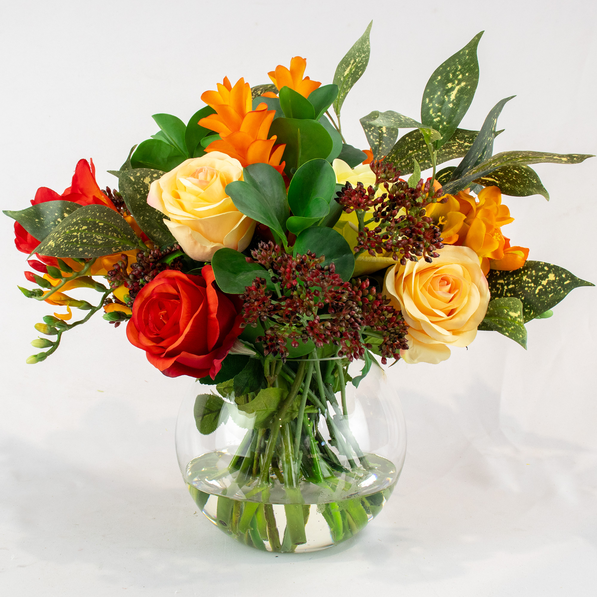 ROSE GINGER LILY AND FREESIA IN GLASS VASE