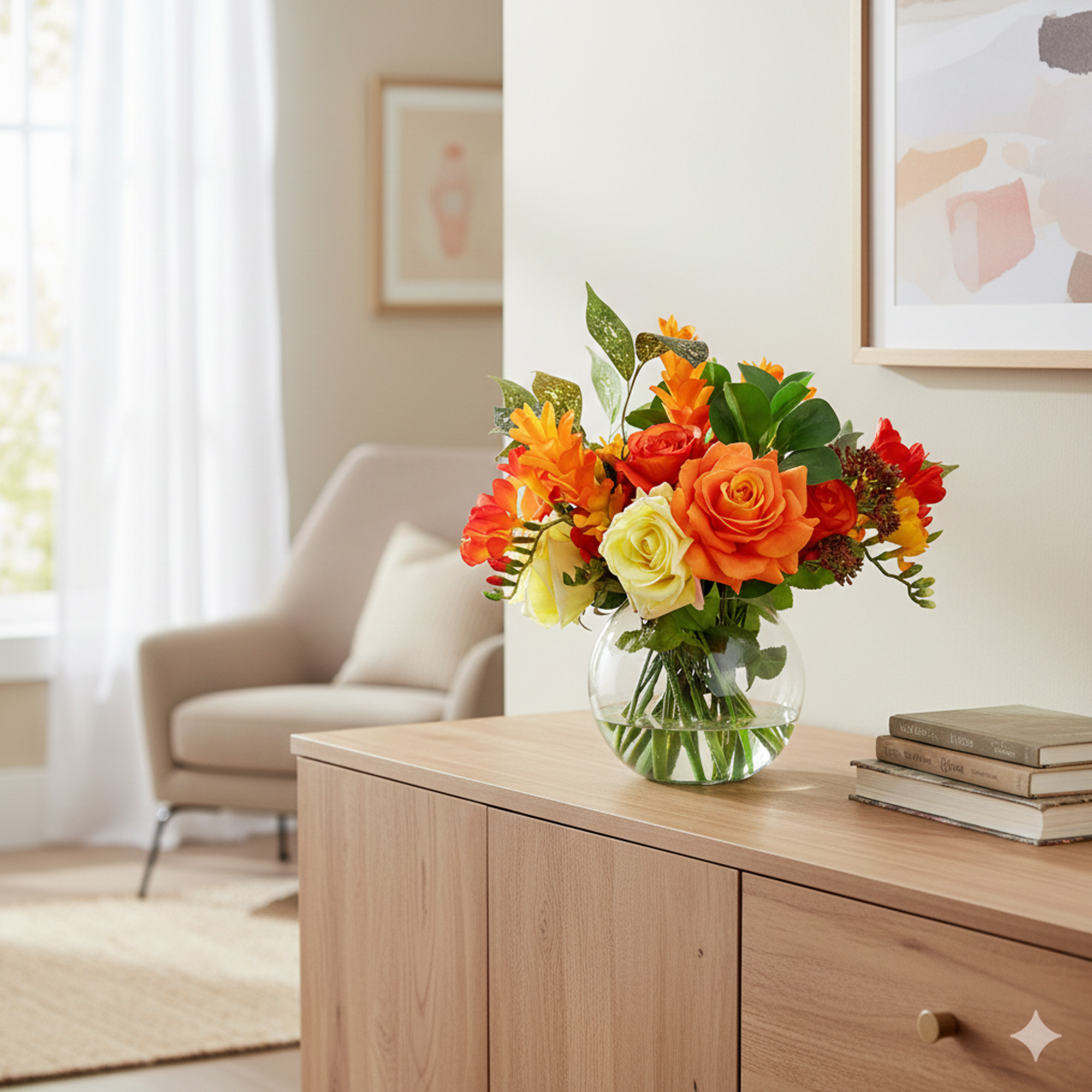 ROSE GINGER LILY AND FREESIA IN GLASS VASE