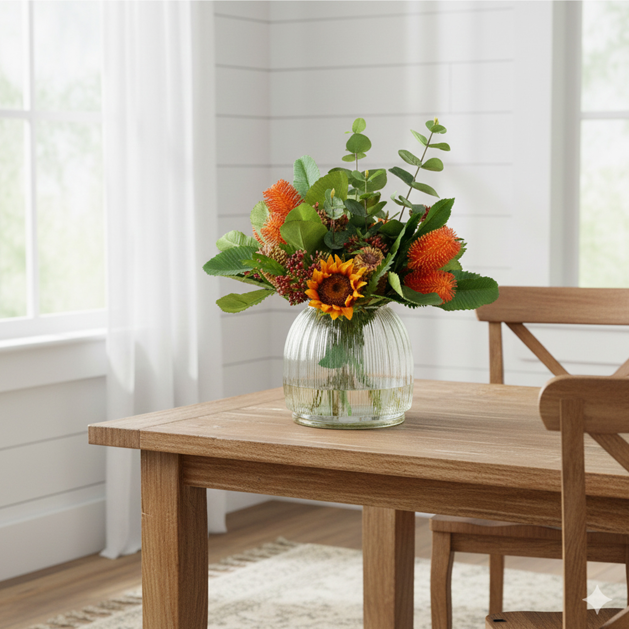 BANKSIA MIX WITH SUNFLOWER IN RIBBED GLASS VASE