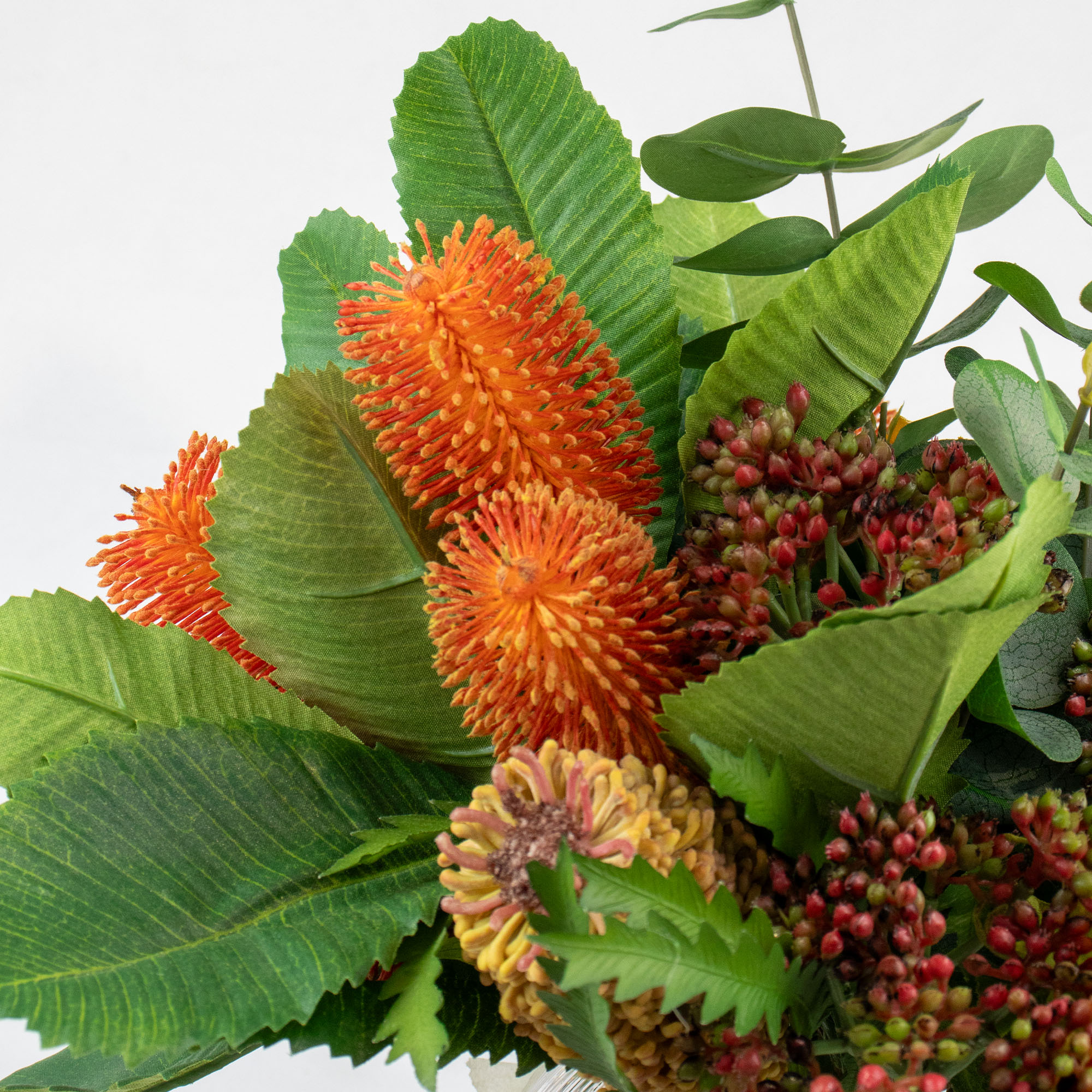 BANKSIA MIX WITH SUNFLOWER IN RIBBED GLASS VASE