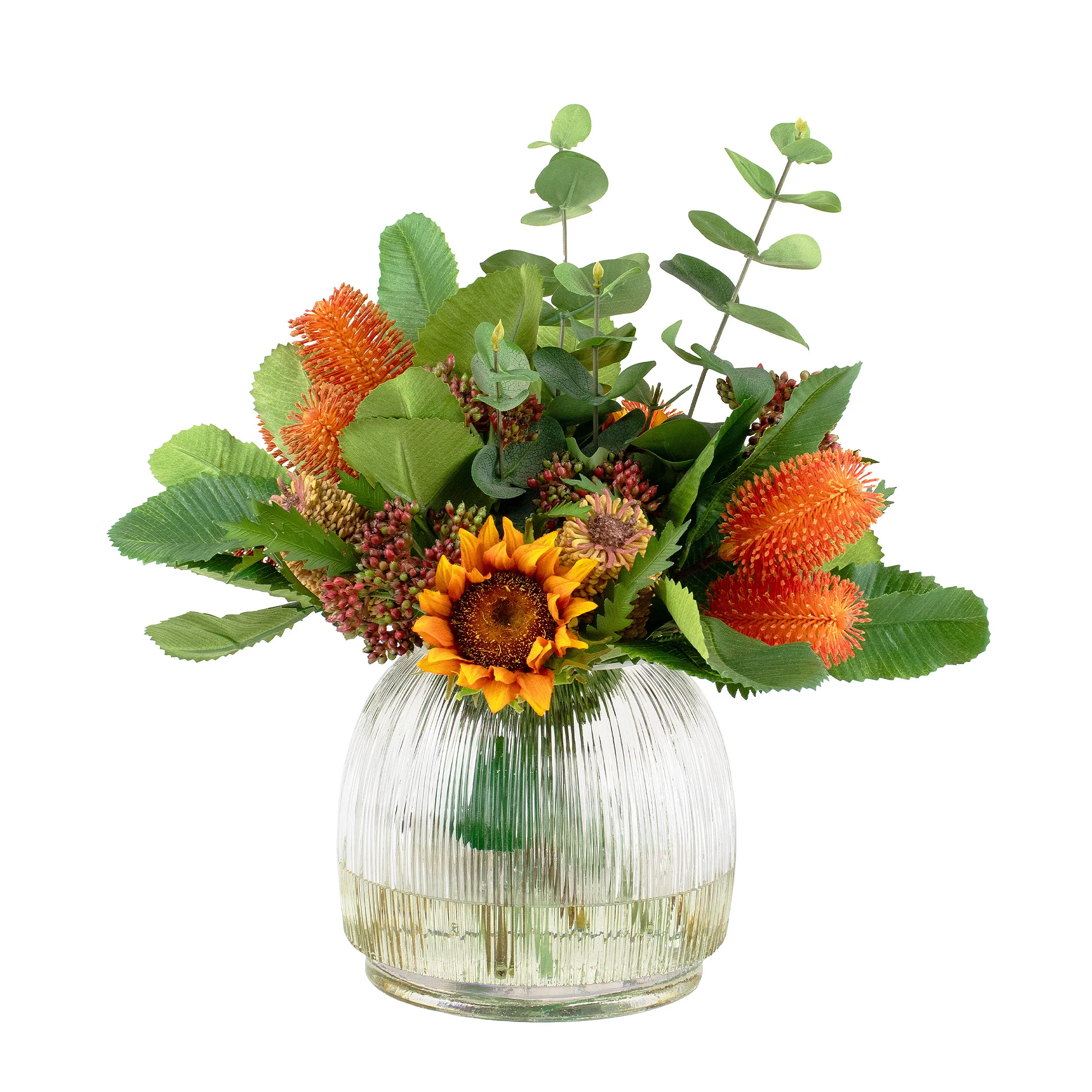 BANKSIA MIX WITH SUNFLOWER IN RIBBED GLASS VASE