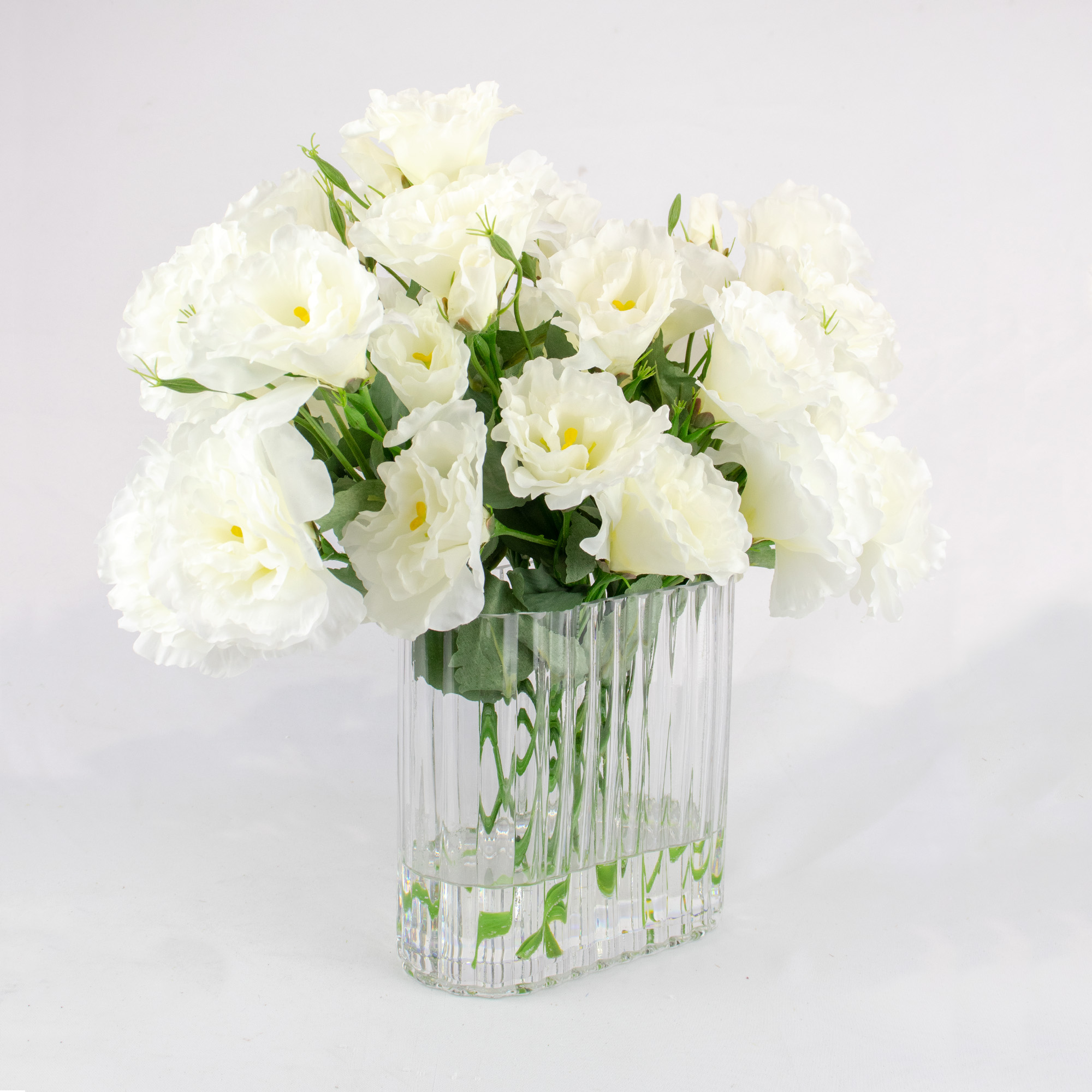 WHITE LISIANTHUS IN RIBBED LARGE OBLONG VASE