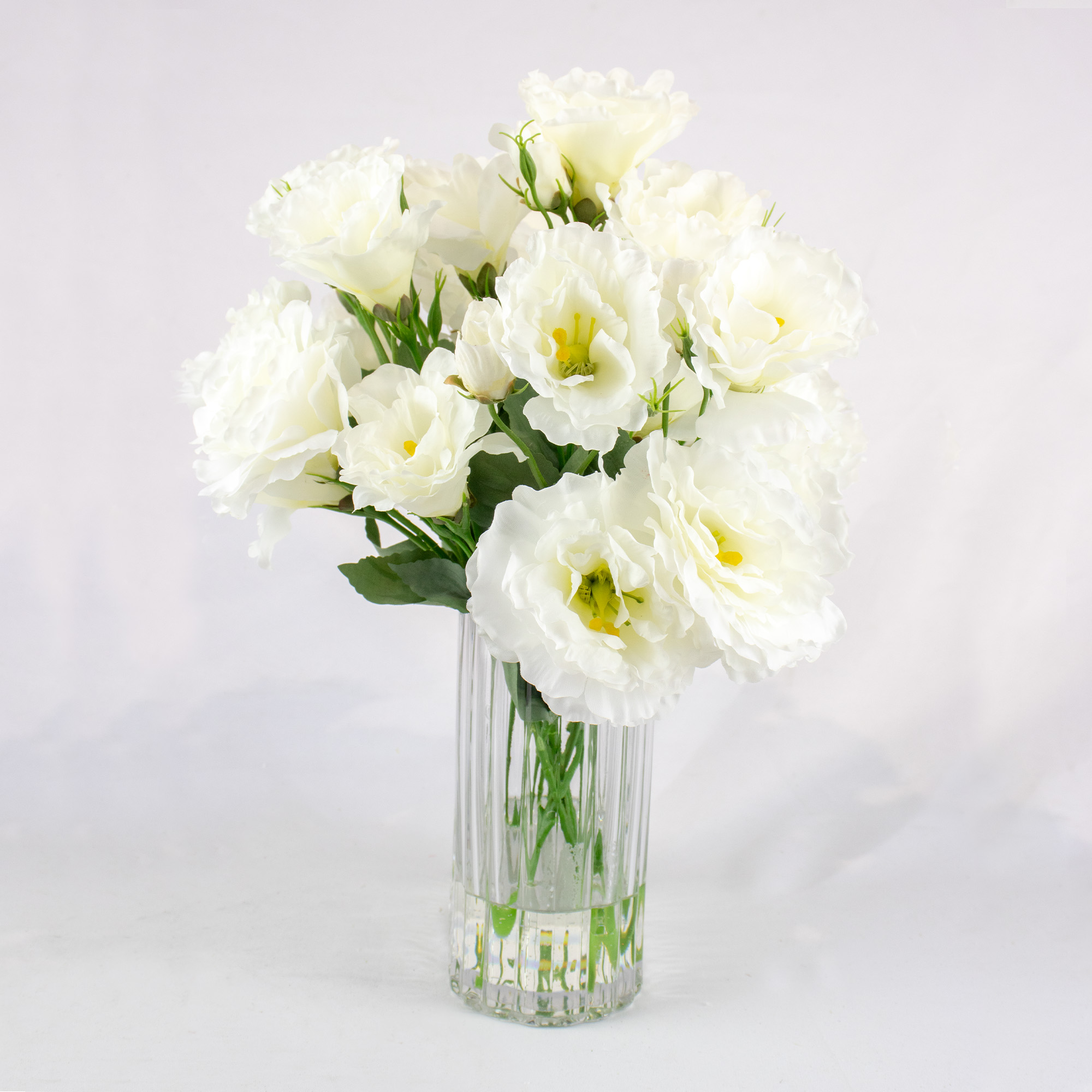 WHITE LISIANTHUS IN RIBBED LARGE OBLONG VASE
