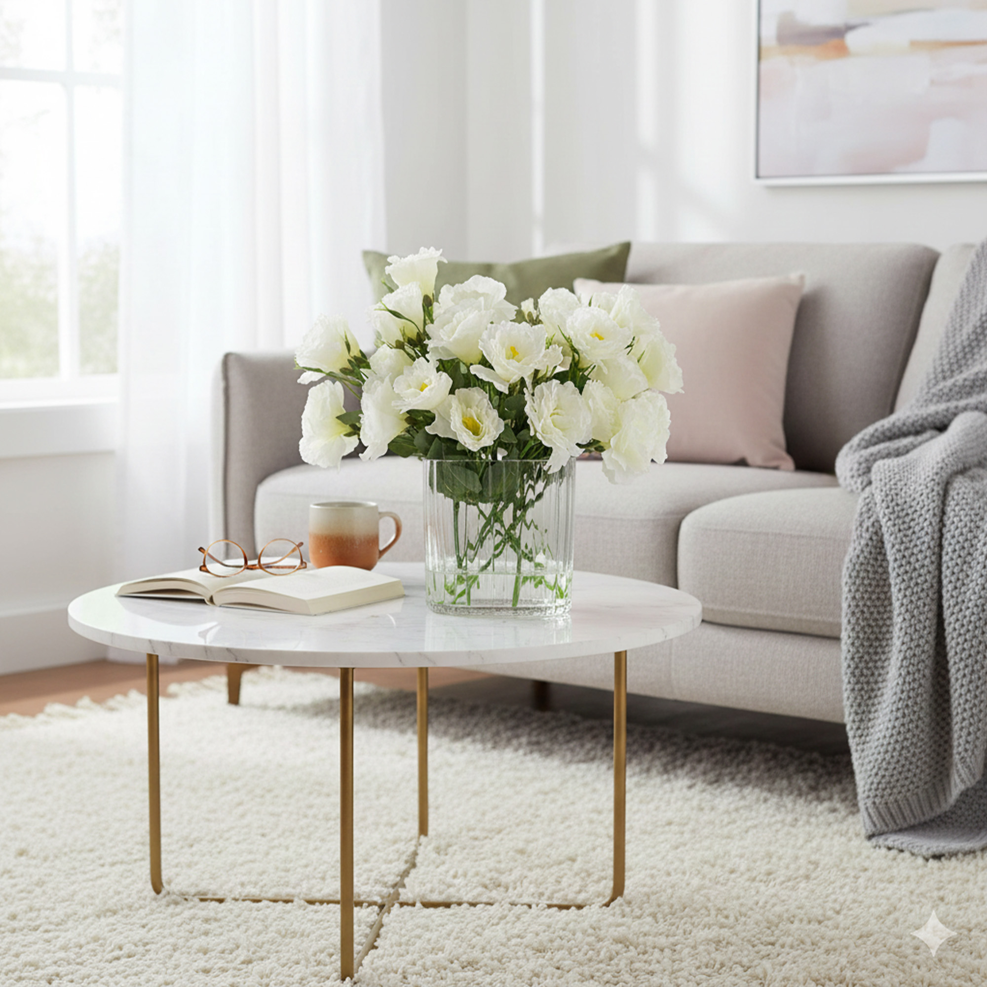 WHITE LISIANTHUS IN RIBBED LARGE OBLONG VASE