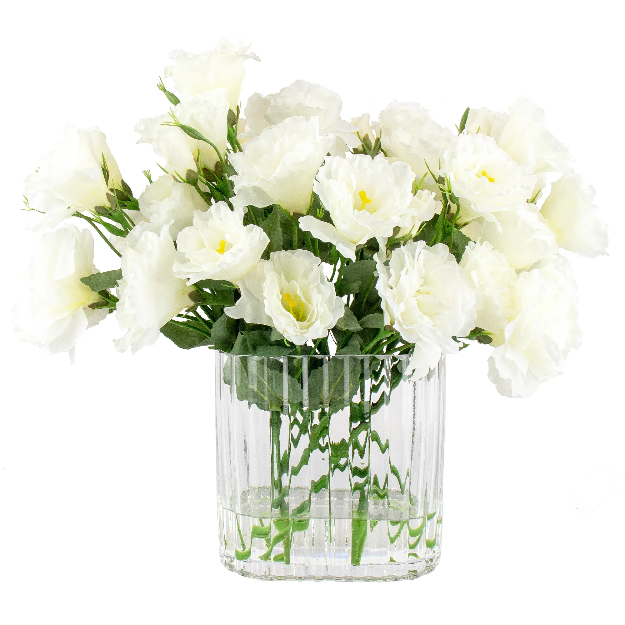 WHITE LISIANTHUS IN RIBBED LARGE OBLONG VASE