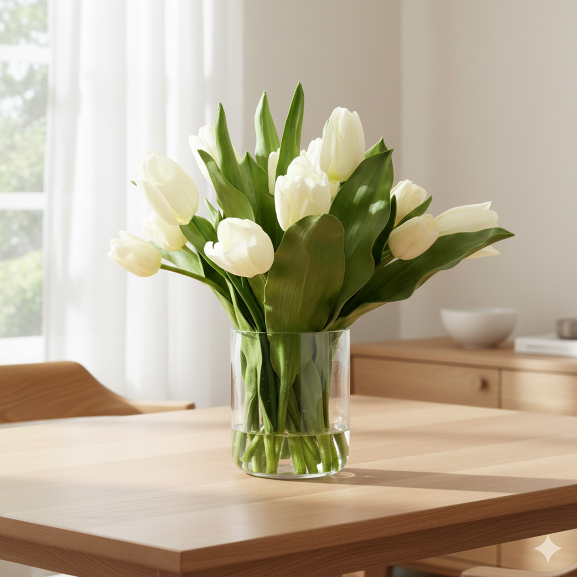 Artificial White Real Touch Tulips in Optic Cylinder Vase