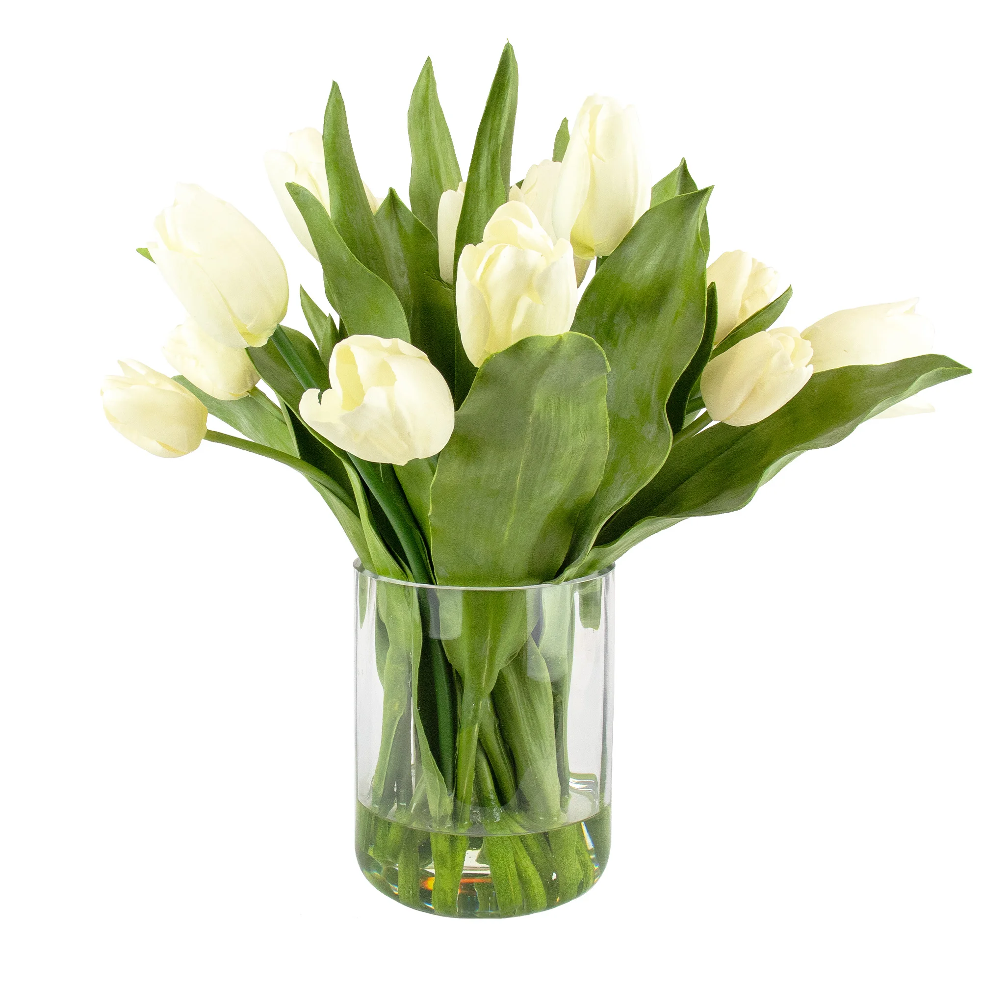 Artificial White Real Touch Tulips in Optic Cylinder Vase