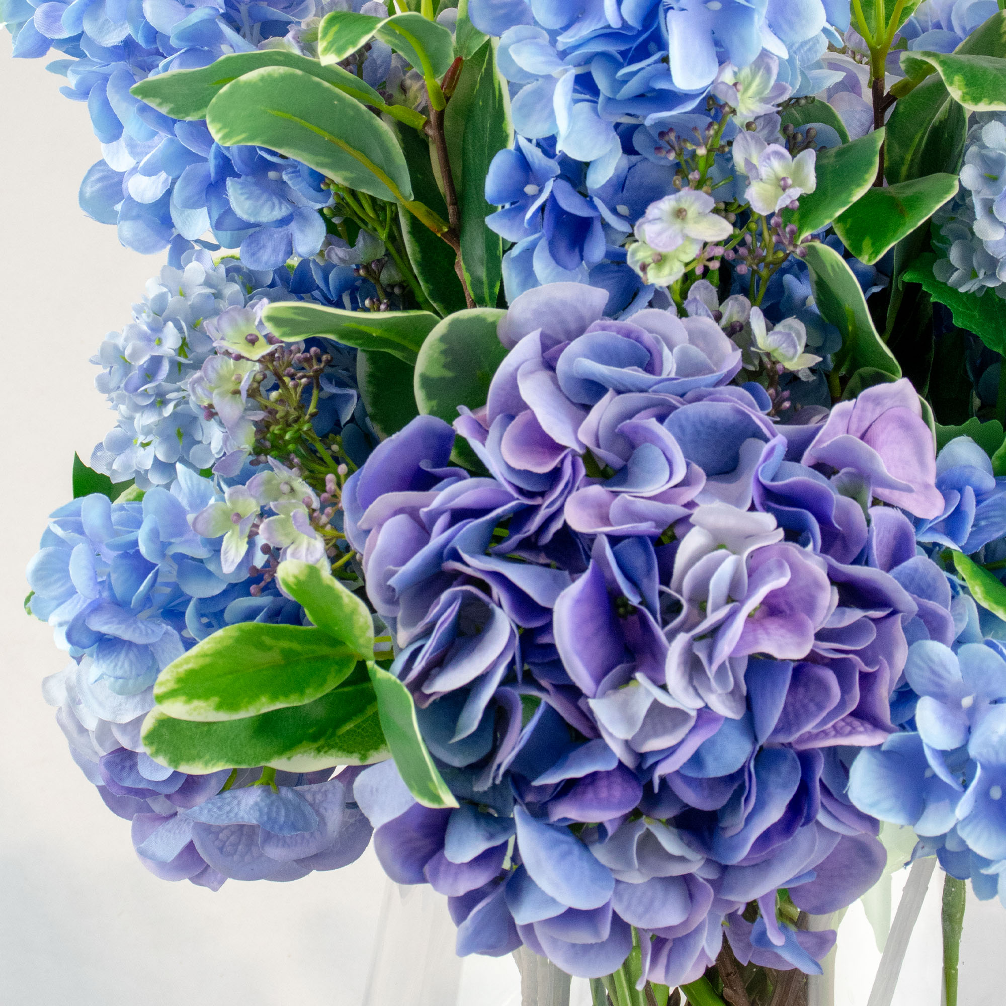 MIXED BLUE HYDRANGEAS IN TULIP VASE