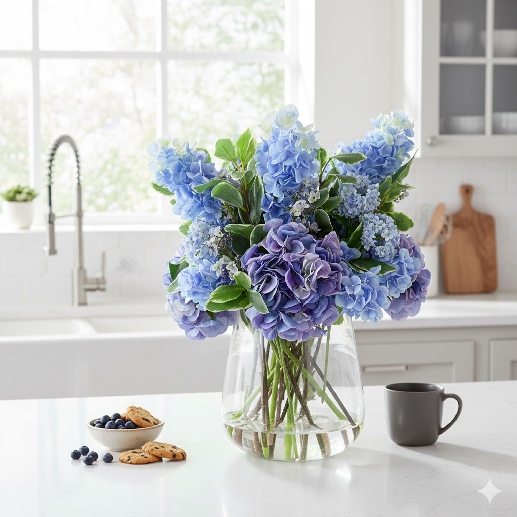 MIXED BLUE HYDRANGEAS IN TULIP VASE