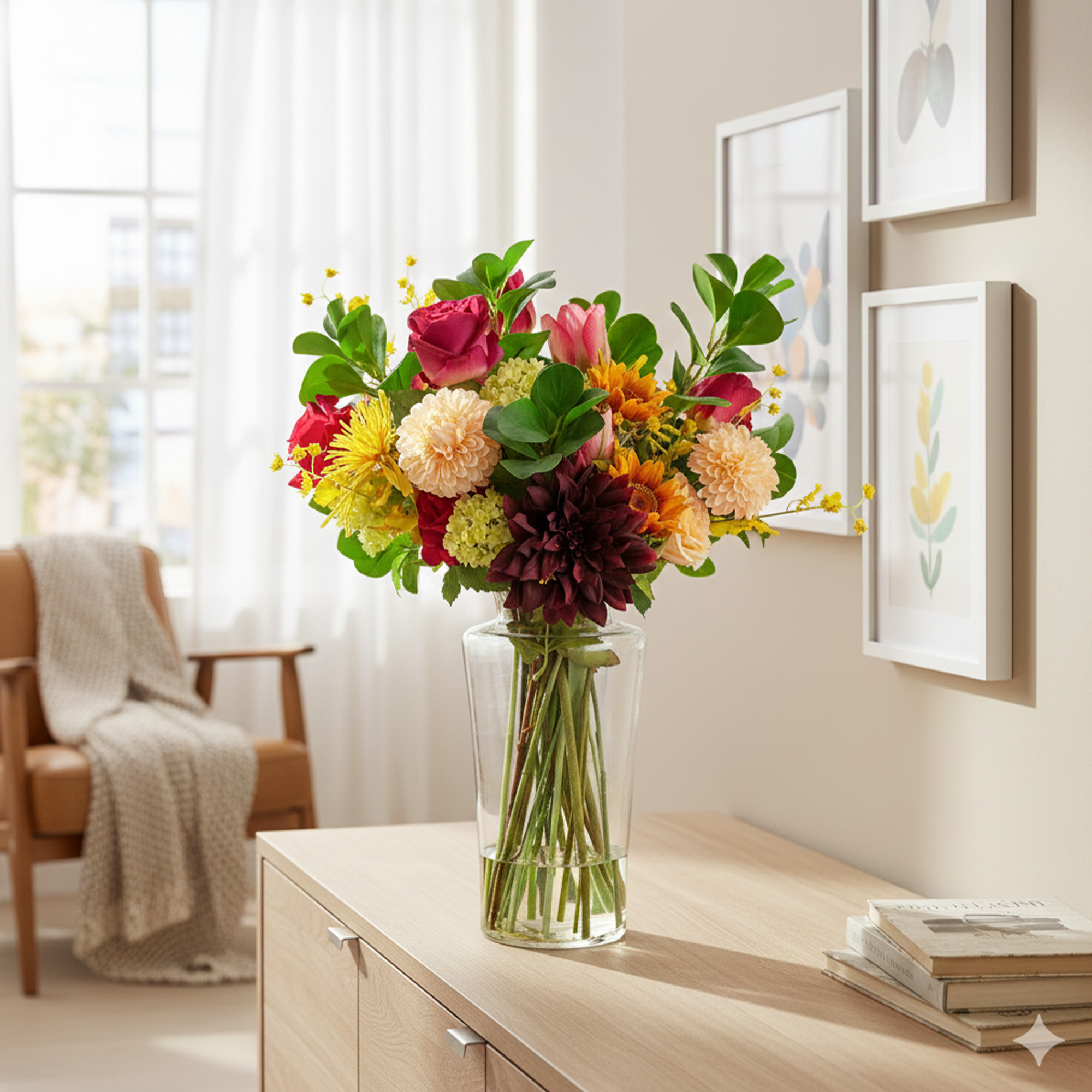 ROSES TULIPS AND SUNFLOWERS IN JAR VASE