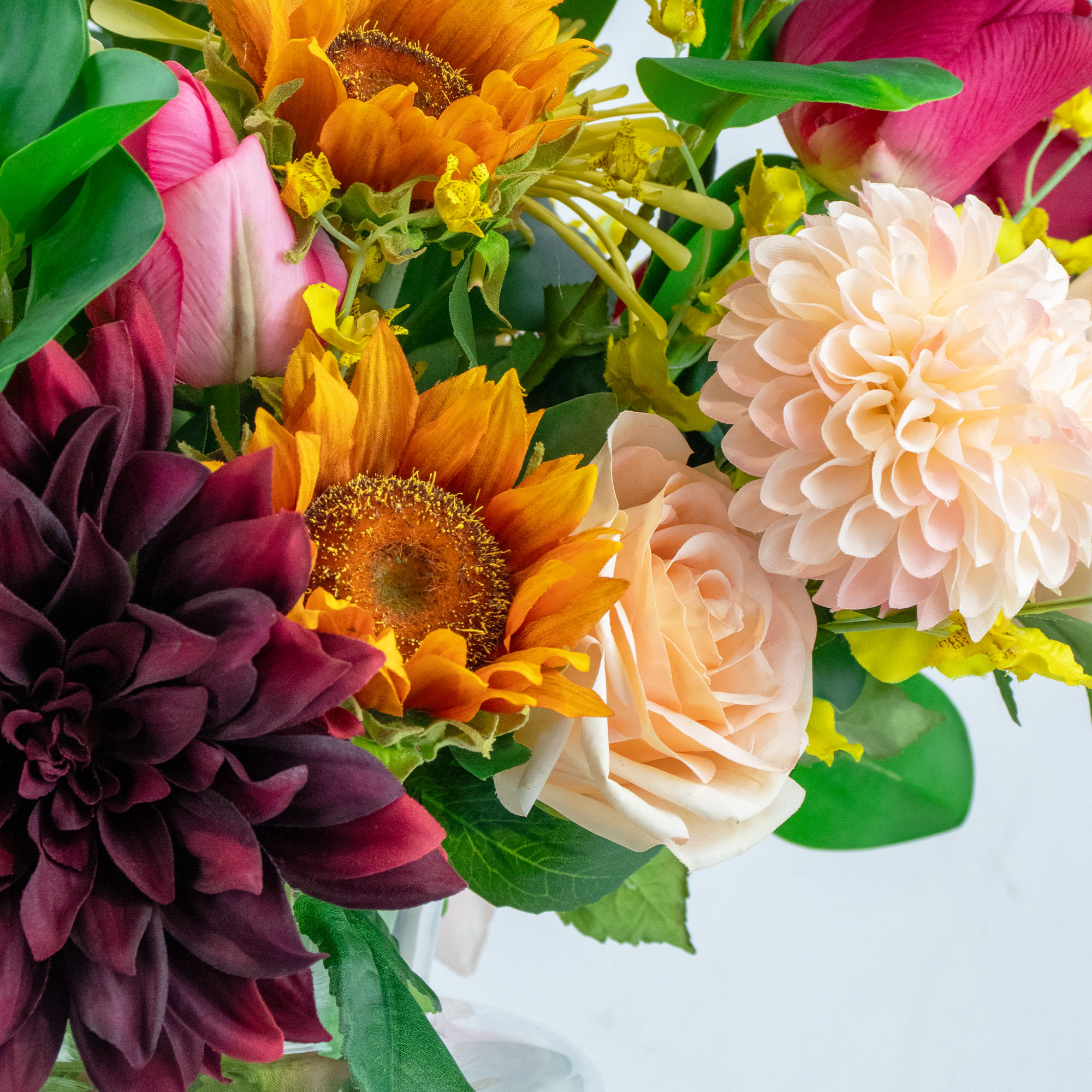 ROSES TULIPS AND SUNFLOWERS IN JAR VASE
