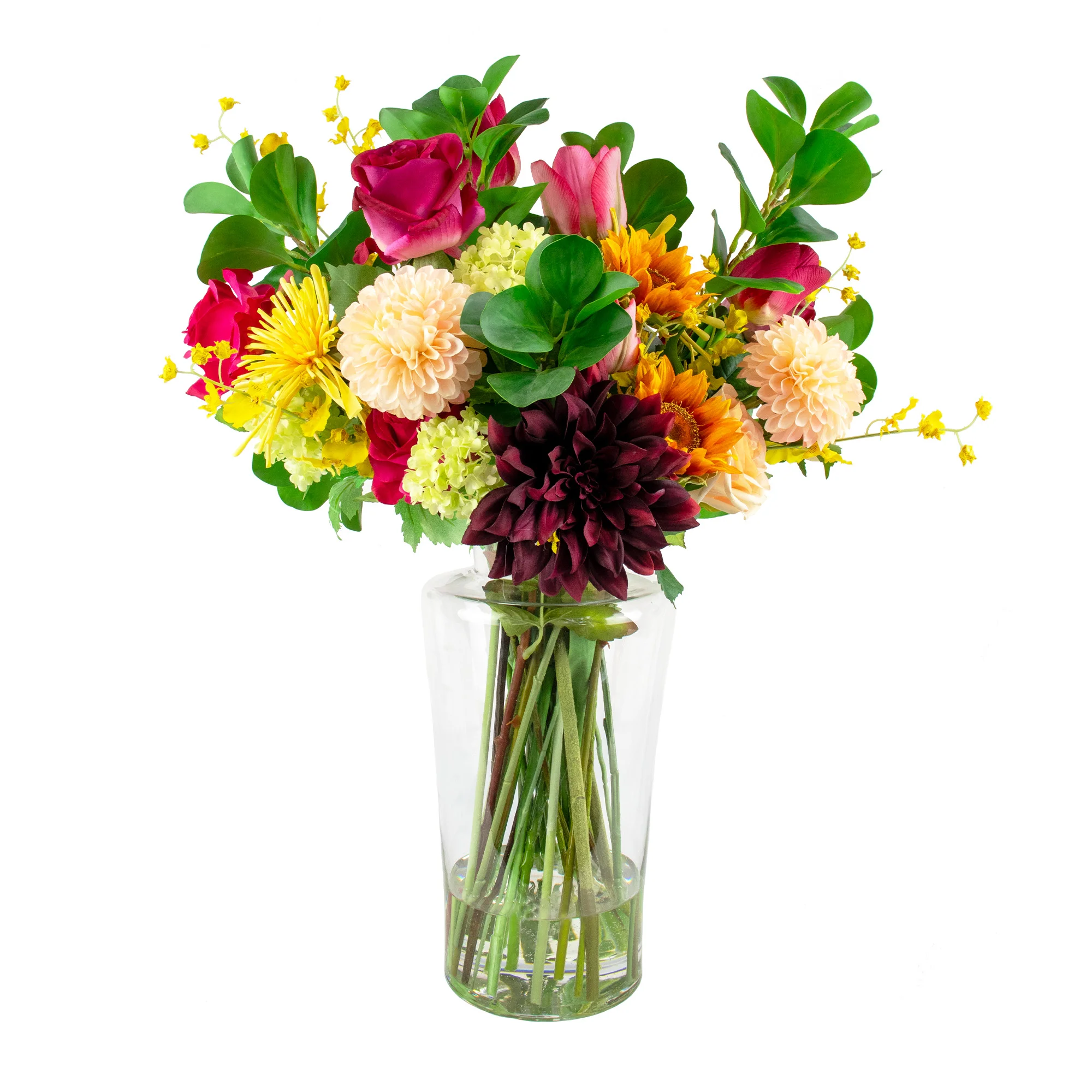 ROSES TULIPS AND SUNFLOWERS IN JAR VASE