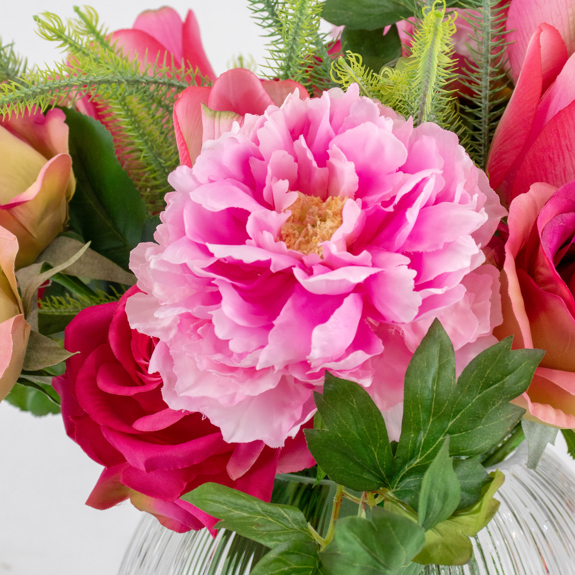 PEONY ROSE AND TULIPS PINK IN GLASS VASE