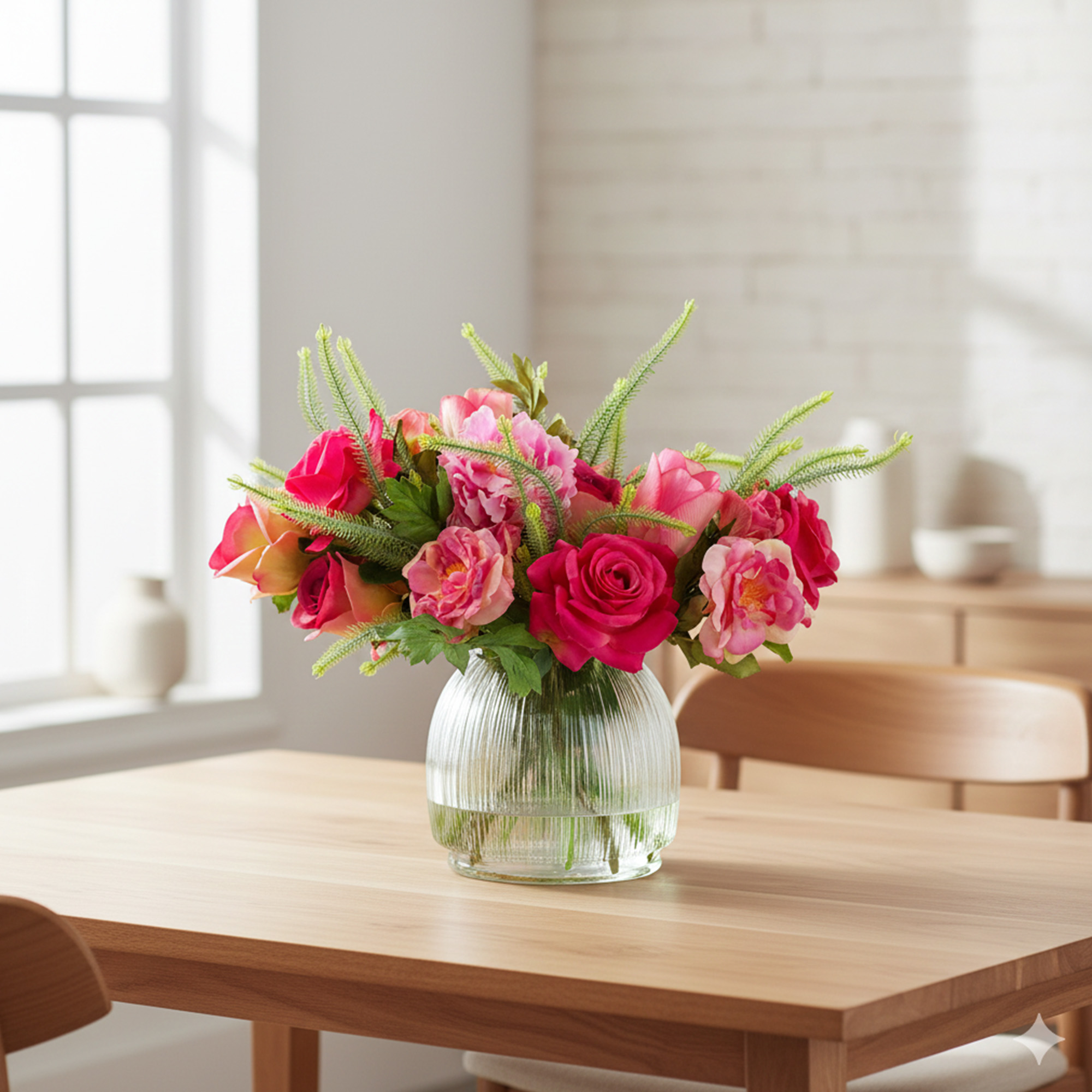 PEONY ROSE AND TULIPS PINK IN GLASS VASE